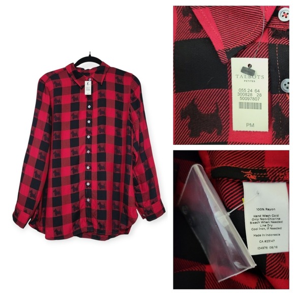Talbots Tops - Talbots Womens PM Scotty Dog Buffalo Plaid Holiday Christmas Festive Button‎ Up